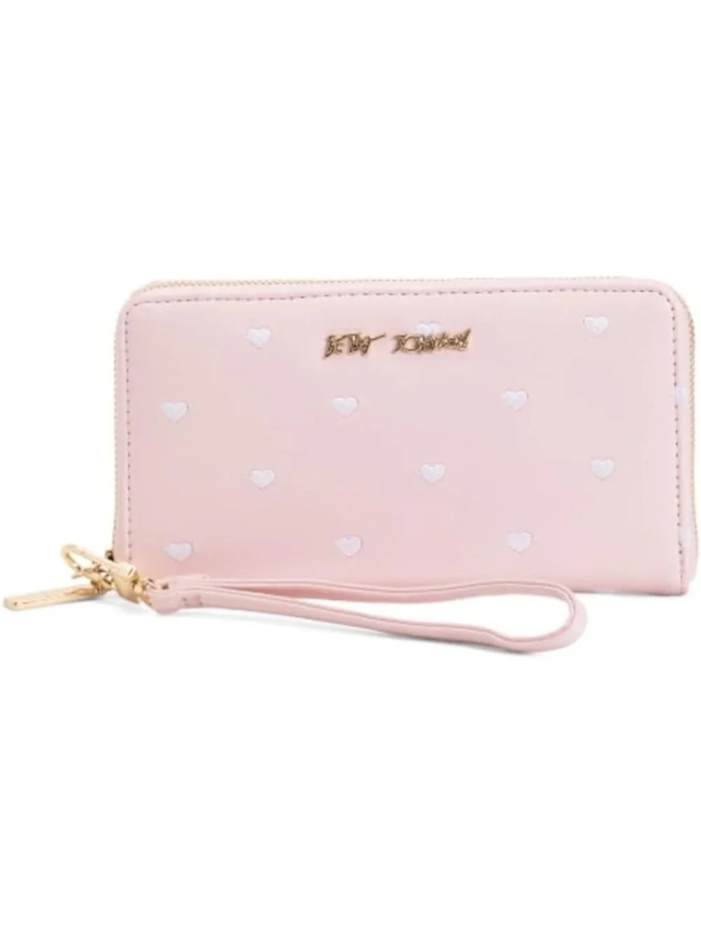Chic Pink Zip Around Wallet with Wristlet Strap, Embroidered Hearts & Gold